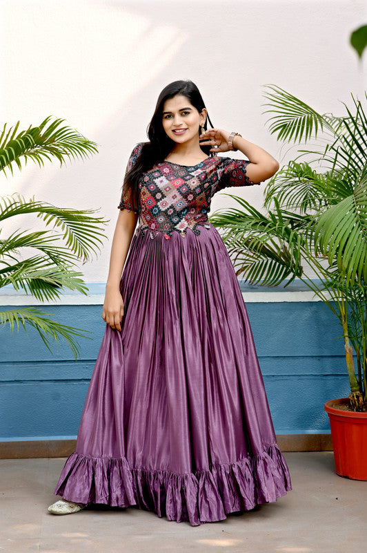 Jyoti Fashion Women's Purple Sequins Work Chinon Partywear Anarkali Dress - Distacart
