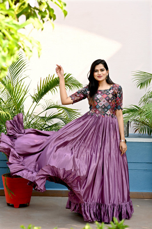 Jyoti Fashion Women's Purple Sequins Work Chinon Partywear Anarkali Dress - Distacart