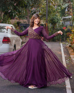 Thumbnail for Jyoti Fashion Women's Wine Faux Blooming Sequins Embroidered Partywear Anarkali Dress - Distacart