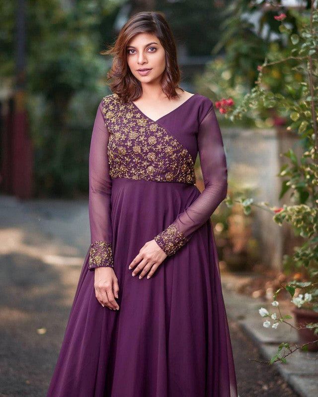 Jyoti Fashion Women's Wine Faux Blooming Sequins Embroidered Partywear Anarkali Dress - Distacart