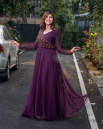 Thumbnail for Jyoti Fashion Women's Wine Faux Blooming Sequins Embroidered Partywear Anarkali Dress - Distacart