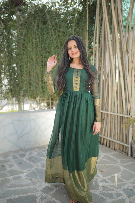 Jyoti Fashion Women's Green Chiffon Zari Woven Festive Anarkali Dress - Distacart