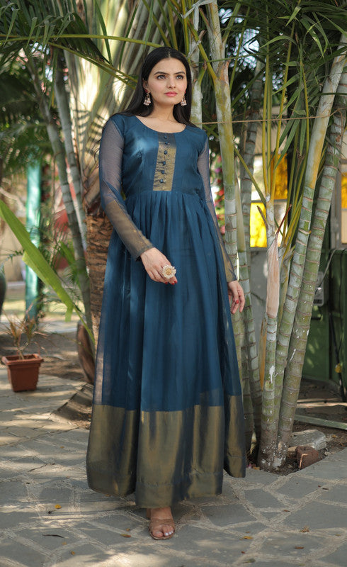 Jyoti Fashion Women's Blue Chiffon Zari Woven Festive Anarkali Dress - Distacart