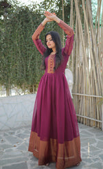 Thumbnail for Jyoti Fashion Women's Wine Chiffon Zari Woven Festive Anarkali Dress - Distacart