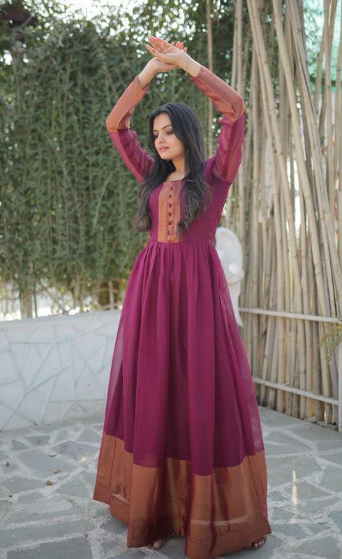 Jyoti Fashion Women's Wine Chiffon Zari Woven Festive Anarkali Dress - Distacart