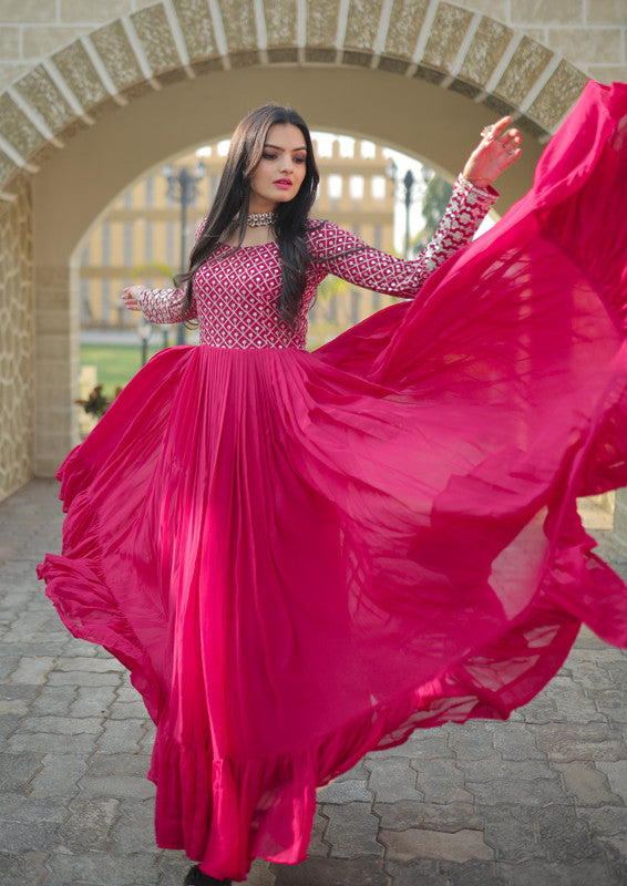 Jyoti Fashion Women's Pink Faux Blooming Sequins with Zari Embroidered Anarkali Dress - Distacart
