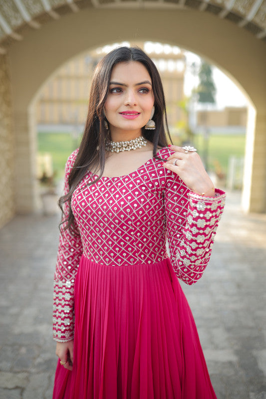 Jyoti Fashion Women's Pink Faux Blooming Sequins with Zari Embroidered Anarkali Dress - Distacart