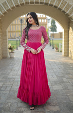 Thumbnail for Jyoti Fashion Women's Pink Faux Blooming Sequins with Zari Embroidered Anarkali Dress - Distacart