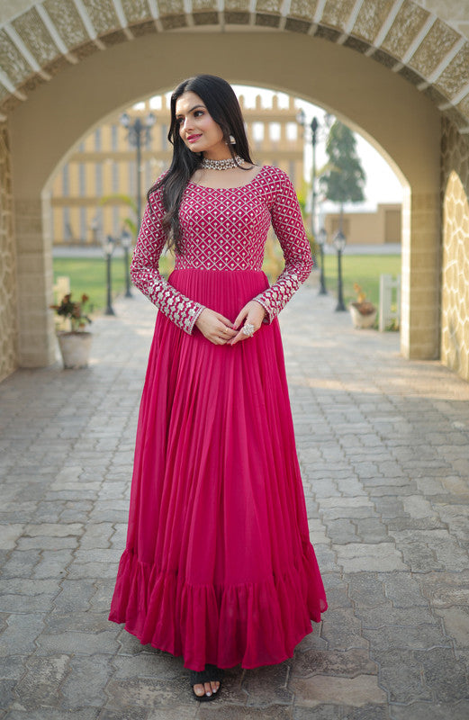 Jyoti Fashion Women's Pink Faux Blooming Sequins with Zari Embroidered Anarkali Dress - Distacart