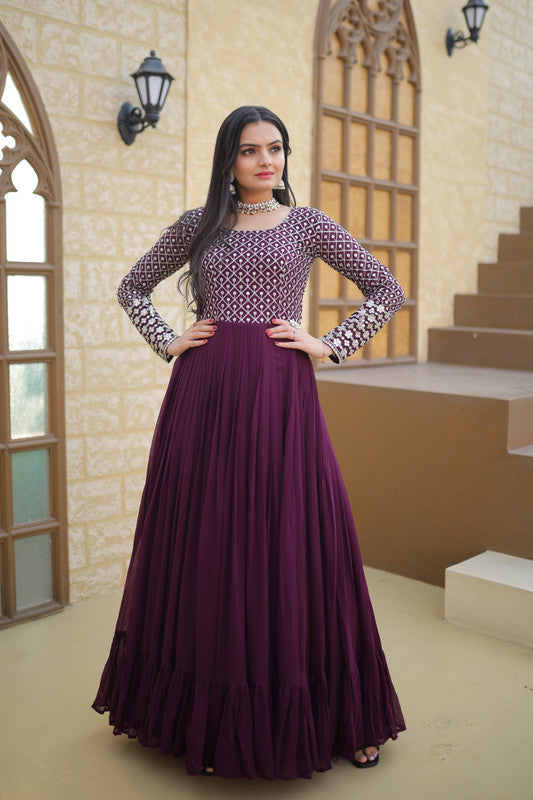 Jyoti Fashion Women's Wine Faux Blooming Sequins with Zari Embroidered Anarkali Dress - Distacart