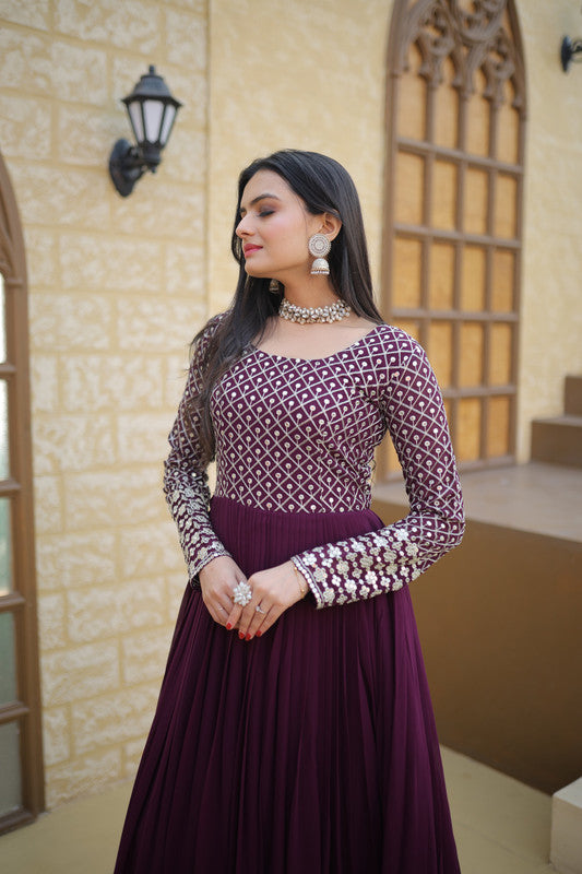Jyoti Fashion Women's Wine Faux Blooming Sequins with Zari Embroidered Anarkali Dress - Distacart