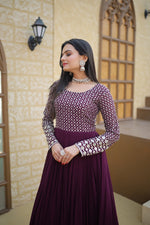 Thumbnail for Jyoti Fashion Women's Wine Faux Blooming Sequins with Zari Embroidered Anarkali Dress - Distacart