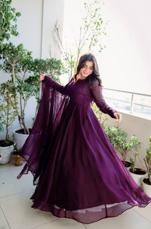 Jyoti Fashion Women's Wine Faux Blooming Sequins Embroidery Partywear Anarkali Dress with Dupatta - Distacart