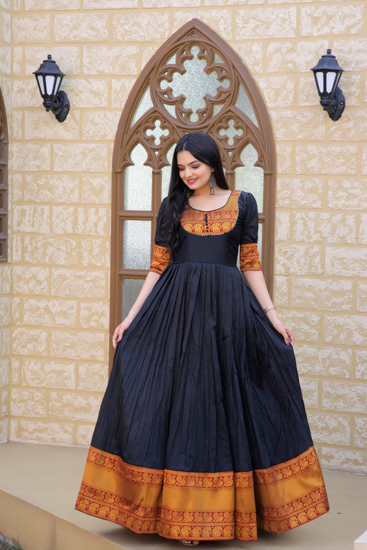 Jyoti Fashion Women's Black Silk Jacquard Weaving Festive Anarkali Dress - Distacart