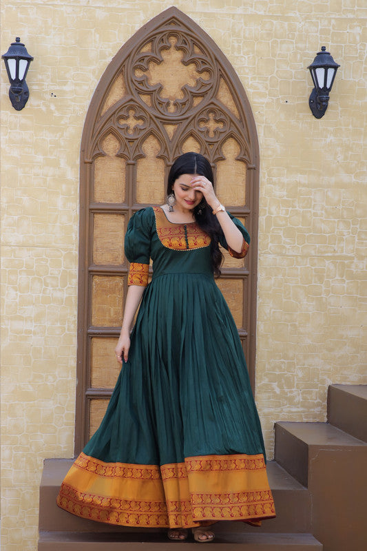Jyoti Fashion Women's Green Silk Jacquard Weaving Festive Anarkali Dress - Distacart