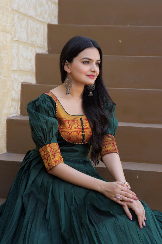 Jyoti Fashion Women's Green Silk Jacquard Weaving Festive Anarkali Dress - Distacart