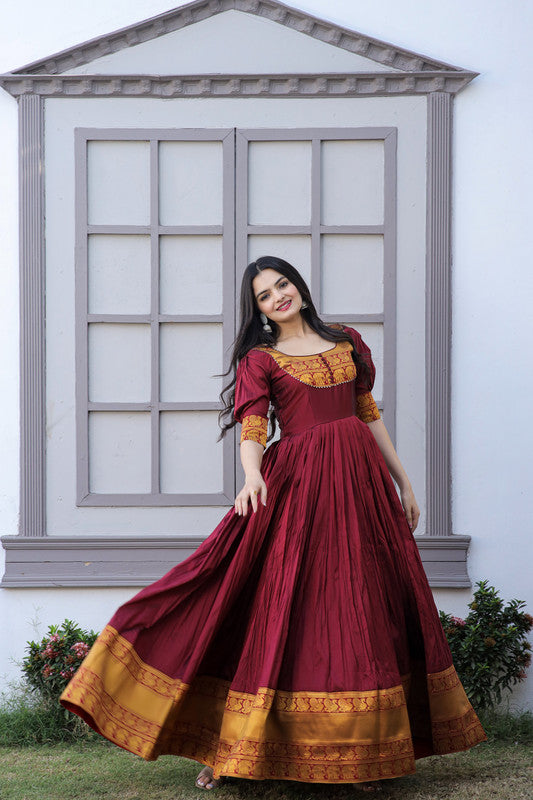 Jyoti Fashion Women's Maroon Silk Jacquard Weaving Festive Anarkali Dress - Distacart