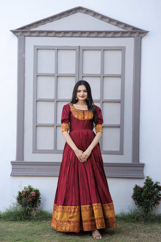 Jyoti Fashion Women's Maroon Silk Jacquard Weaving Festive Anarkali Dress - Distacart