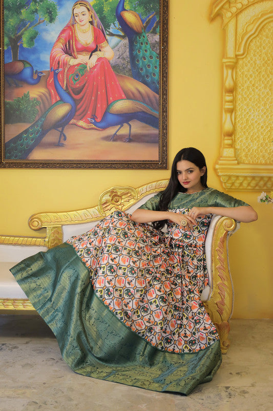 Jyoti Fashion Women's Green Soft Silk Patola Print with Jacquard Weaving Work Anarkali Dress - Distacart