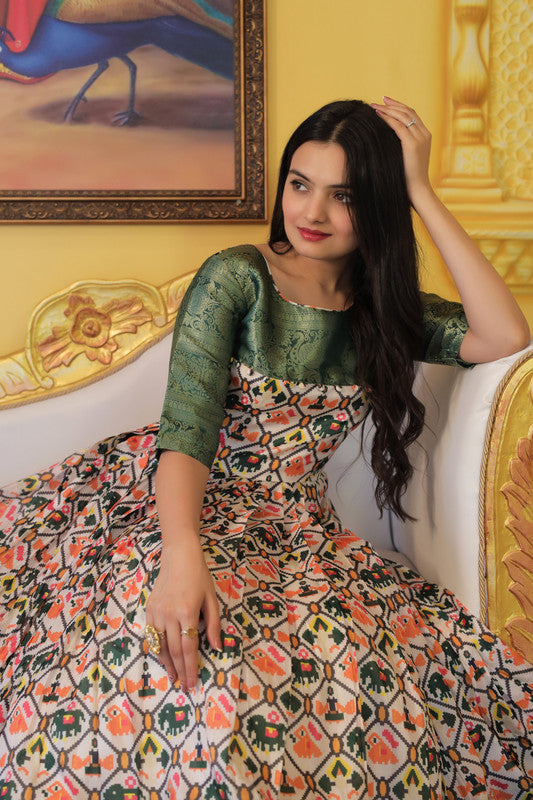 Jyoti Fashion Women's Green Soft Silk Patola Print with Jacquard Weaving Work Anarkali Dress - Distacart