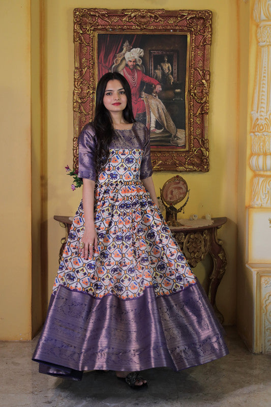 Jyoti Fashion Women's Wine Soft Silk Patola Print with Jacquard Weaving Work Anarkali Dress - Distacart