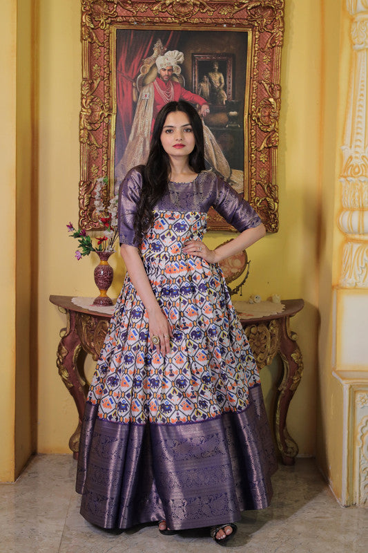 Jyoti Fashion Women's Wine Soft Silk Patola Print with Jacquard Weaving Work Anarkali Dress - Distacart