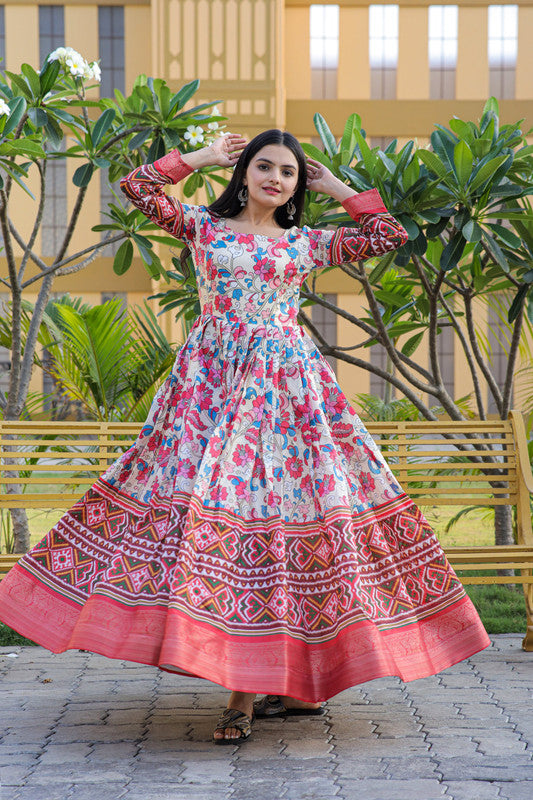 Jyoti Fashion Women's Multicolor Banarasi Silk Kalamkari Print with Jacquard Weaving Anarkali Dress - Distacart
