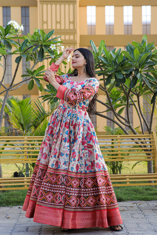 Jyoti Fashion Women's Multicolor Banarasi Silk Kalamkari Print with Jacquard Weaving Anarkali Dress - Distacart