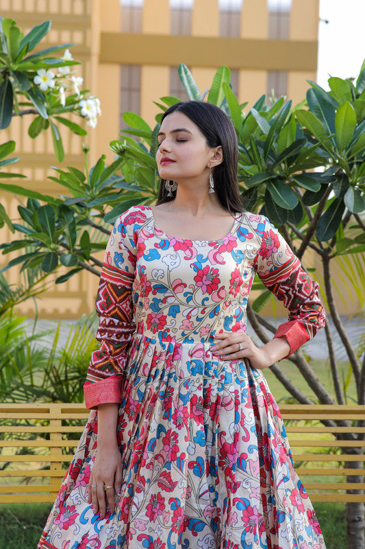 Jyoti Fashion Women's Multicolor Banarasi Silk Kalamkari Print with Jacquard Weaving Anarkali Dress - Distacart