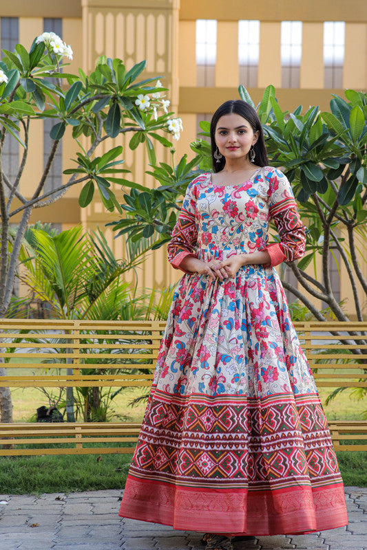 Jyoti Fashion Women's Multicolor Banarasi Silk Kalamkari Print with Jacquard Weaving Anarkali Dress - Distacart