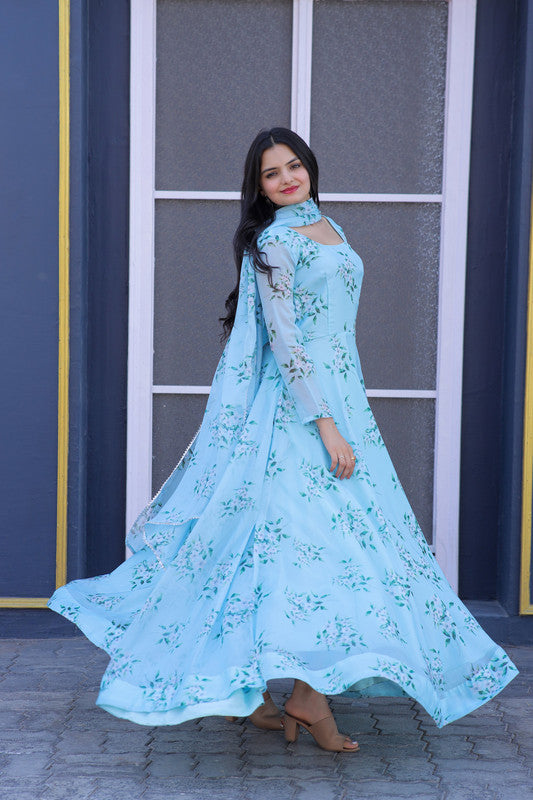 Jyoti Fashion Women's Sky Blue Tabby Silk Floral Printed Anarkali Dress with Dupatta - Distacart
