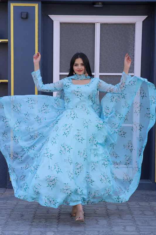 Jyoti Fashion Women's Sky Blue Tabby Silk Floral Printed Anarkali Dress with Dupatta - Distacart