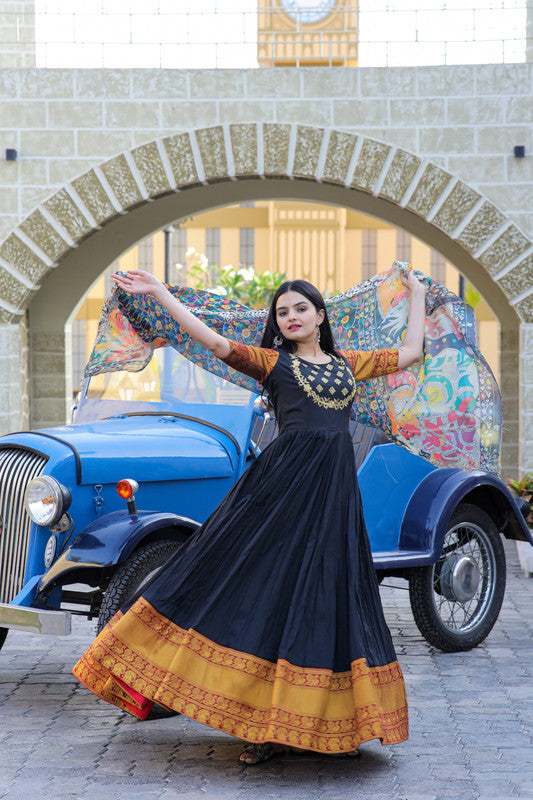 Jyoti Fashion Women's Black Silk Jacquard Weaving with Embroidery Work Anarkali Dress with Dupatta - Distacart