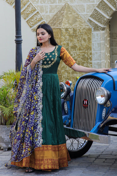 Jyoti Fashion Women's Green Silk Jacquard Weaving with Embroidery Work Anarkali Dress with Dupatta - Distacart