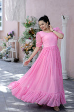Thumbnail for Jyoti Fashion Women's Pink Faux Georgette Printed Festive Anarkali Dress - Distacart