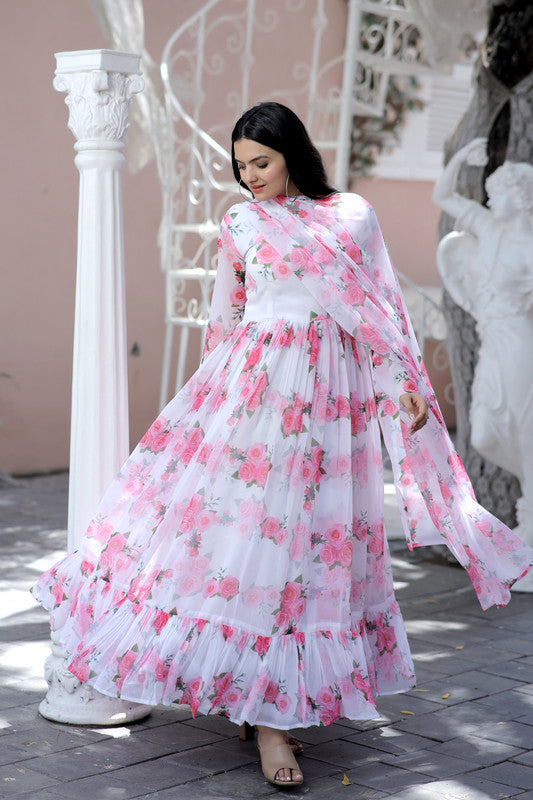 Jyoti Fashion Women's Pink Faux Georgette Floral Digital Printed Anarkali Dress with Dupatta - Distacart