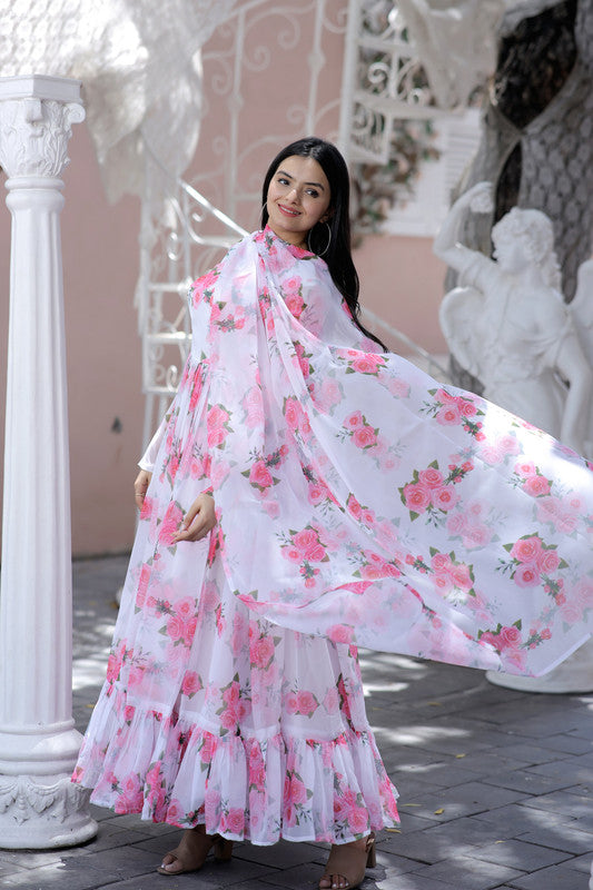 Jyoti Fashion Women's Pink Faux Georgette Floral Digital Printed Anarkali Dress with Dupatta - Distacart