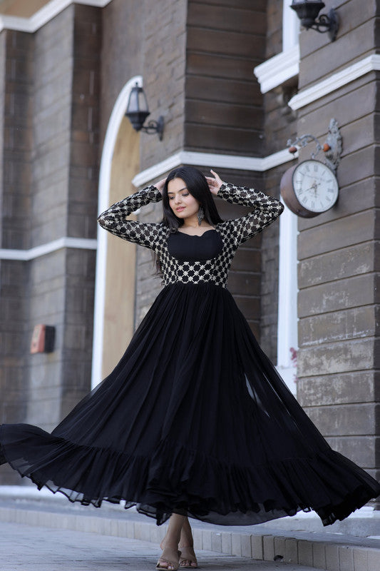 Jyoti Fashion Women's Black Faux Blooming Sequins with Zari Embroidered Anarkali Dress - Distacart
