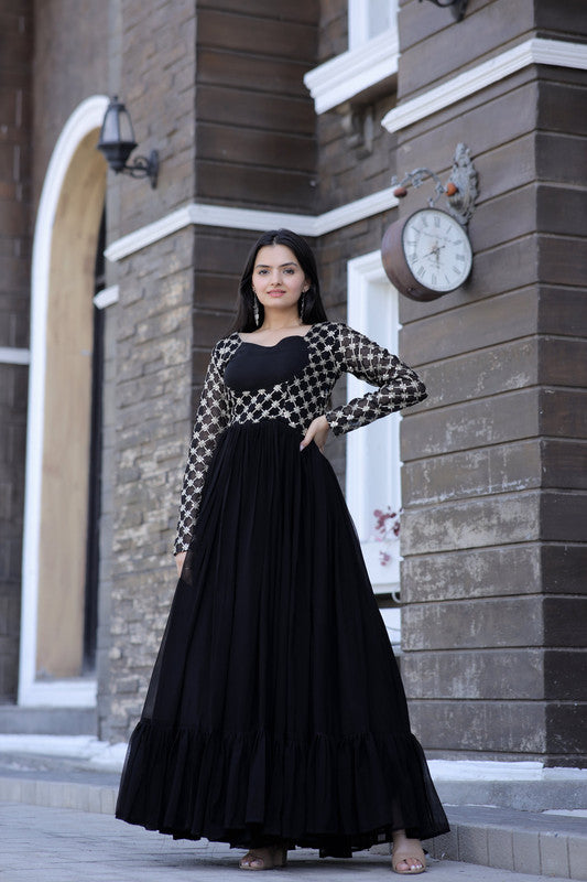 Jyoti Fashion Women's Black Faux Blooming Sequins with Zari Embroidered Anarkali Dress - Distacart