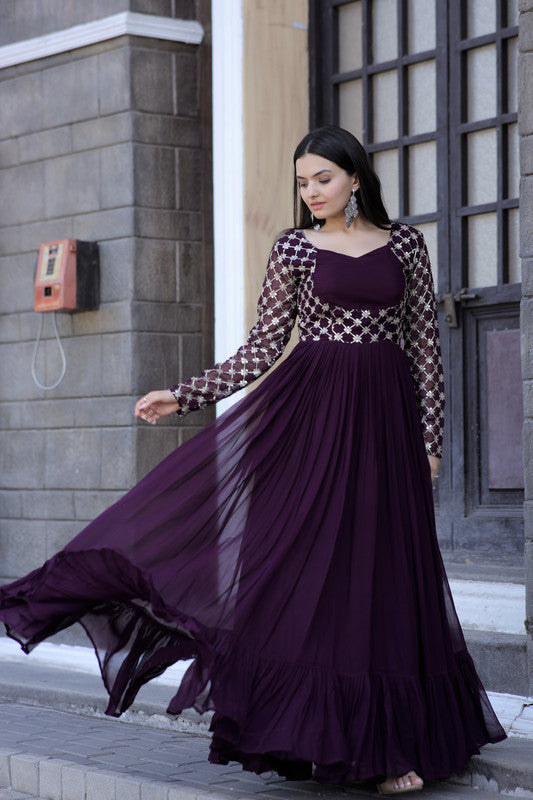 Jyoti Fashion Women's Wine Faux Blooming Sequins with Zari Embroidered Anarkali Dress - Distacart
