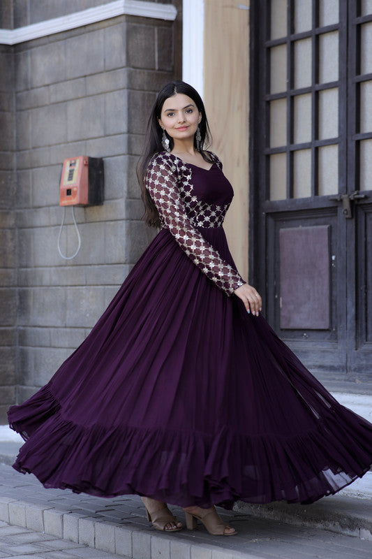 Jyoti Fashion Women's Wine Faux Blooming Sequins with Zari Embroidered Anarkali Dress - Distacart