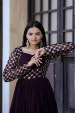 Thumbnail for Jyoti Fashion Women's Wine Faux Blooming Sequins with Zari Embroidered Anarkali Dress - Distacart