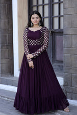 Thumbnail for Jyoti Fashion Women's Wine Faux Blooming Sequins with Zari Embroidered Anarkali Dress - Distacart