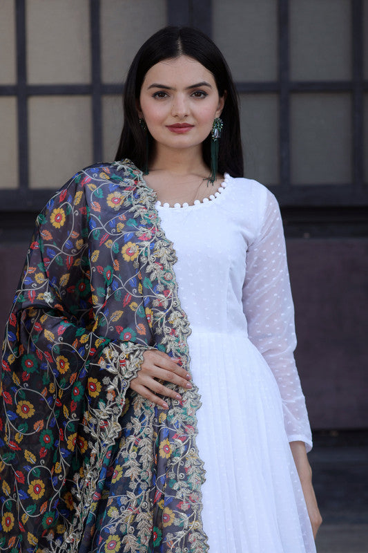 Jyoti Fashion Women's White Georgette Butti work Partywear Anarkali Dress with Dupatta - Distacart