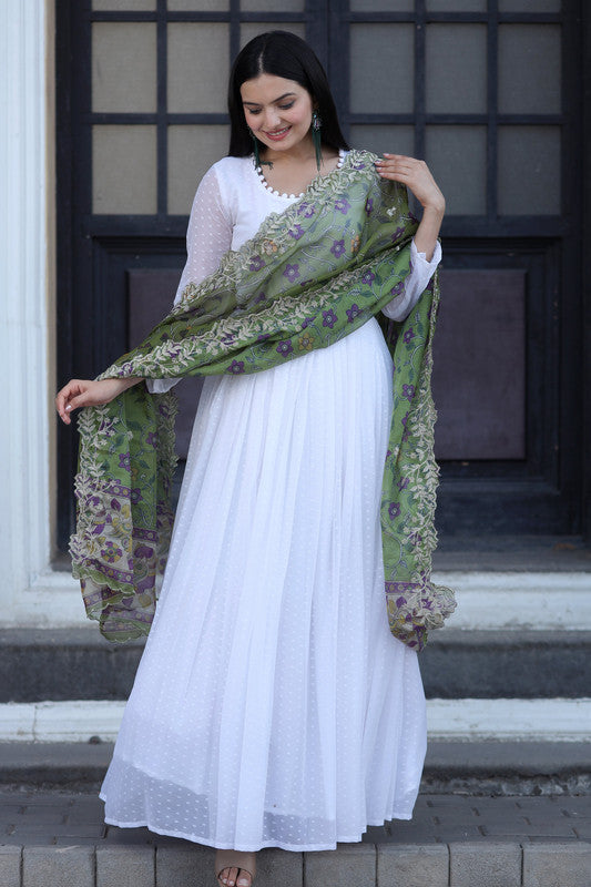 Jyoti Fashion Women's White Georgette Butti work Partywear Anarkali Dress with Dupatta - Distacart