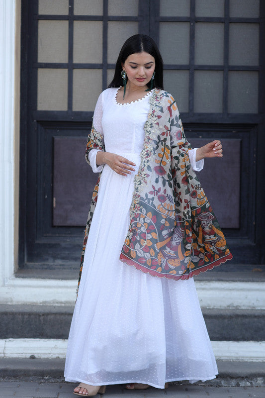 Jyoti Fashion Women's White Georgette Butti work Partywear Anarkali Dress with Dupatta - Distacart