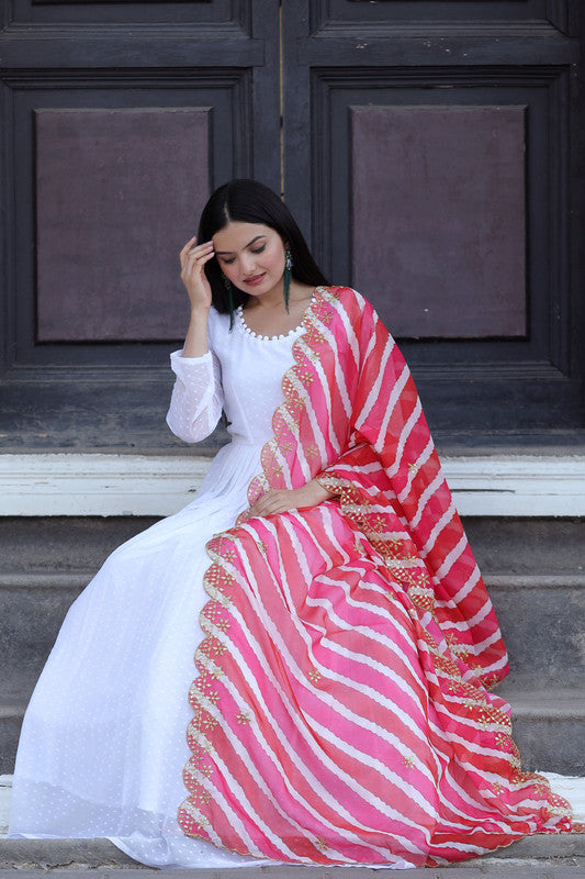 Jyoti Fashion Women's White Georgette Butti work Partywear Anarkali Dress with Dupatta - Distacart