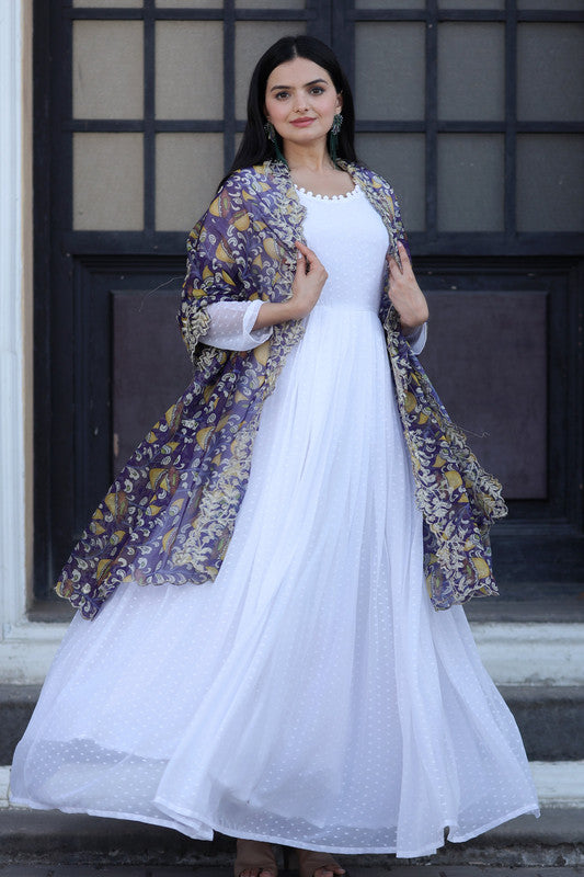 Jyoti Fashion Women's White Georgette Butti work Partywear Anarkali Dress with Dupatta - Distacart