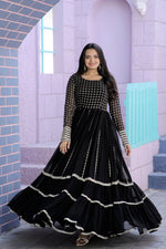 Thumbnail for Jyoti Fashion Women's Black Faux Blooming Sequins with Zari Embroidered Anarkali Dress - Distacart