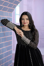 Thumbnail for Jyoti Fashion Women's Black Faux Blooming Sequins with Zari Embroidered Anarkali Dress - Distacart